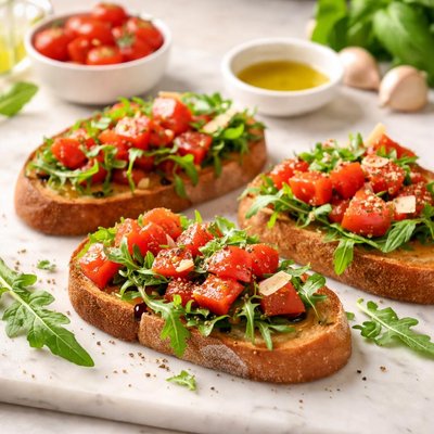 Bruschetta with tomatoes and rucola