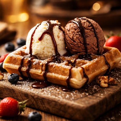 Brussel waffle with two ice cream scoops