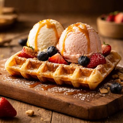 Brussel waffle with two ice scoops