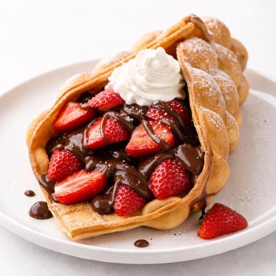 Bubble waffle with chocolate and strawberries