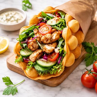 Bubble waffle wrap with chicken and vegetables