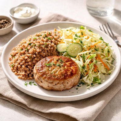 Buckwheat with meat patty and cabbage salad