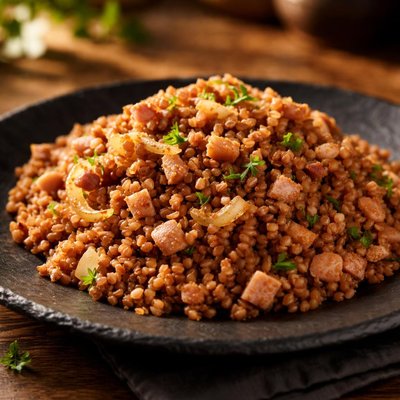 Buckwheat with minced ham and onion
