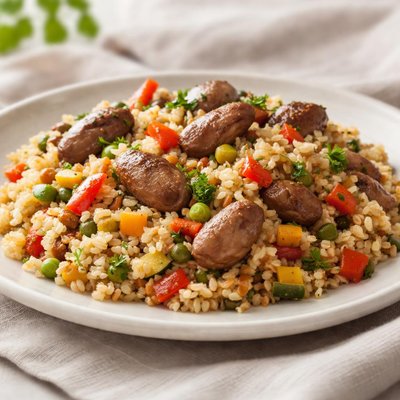 Bulgur with vegetables and chicken hearts