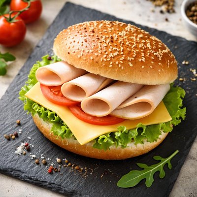 Bun with cheese slice and chicken cold cuts