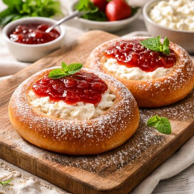 Bun with cottage cheese and jam