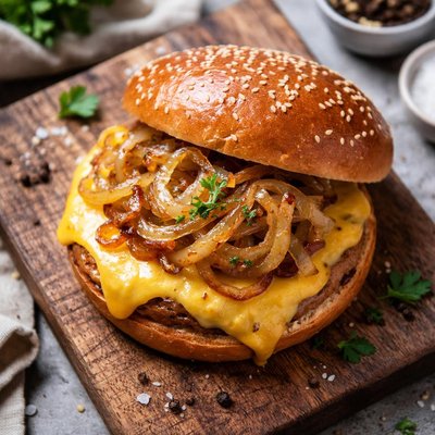 Burger bun with cheese and onions