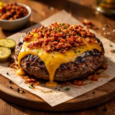 Burger patty with cheese and bacon bits