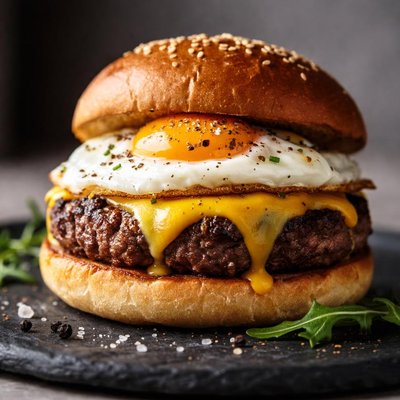 Burger patty with cheese and egg