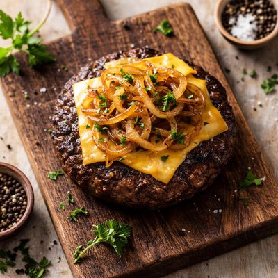 Burger patty with cheese and onions