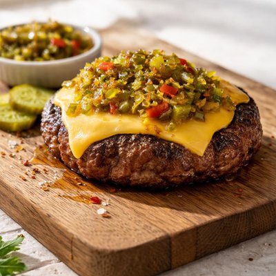 Burger patty with cheese and relish