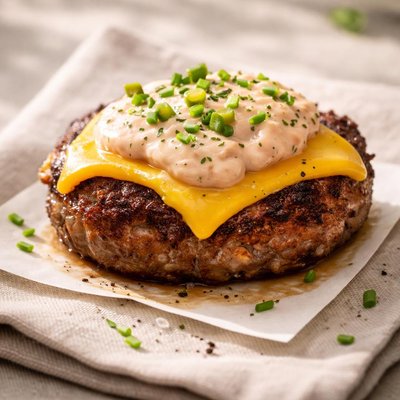 Burger patty with cheese and sauce