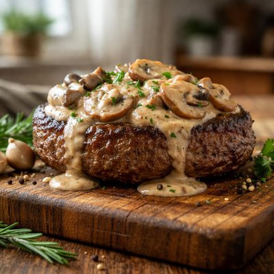 Burger patty with mushroom sauce