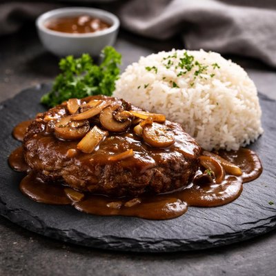 Burger steak with rice and gravy