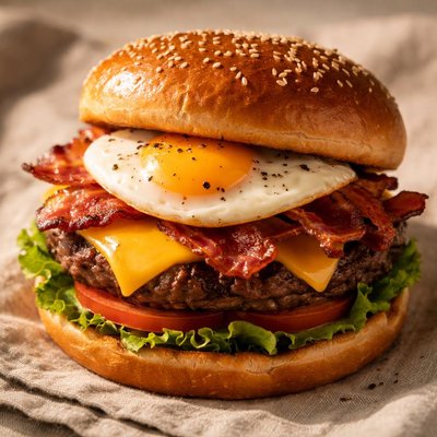 Burger with bacon and egg