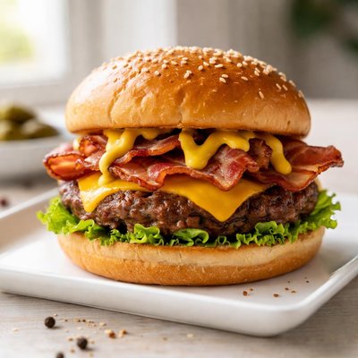 Burger with bacon and mustard