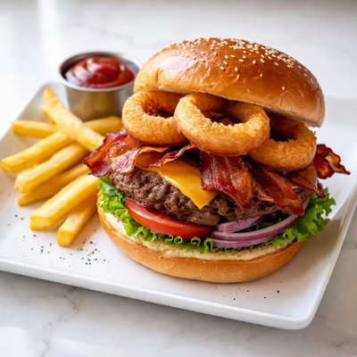 Burger with bacon and onion rings