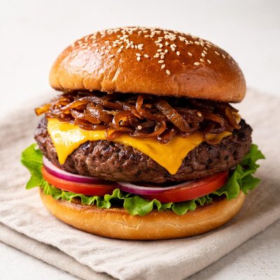 Burger with cheese and caramelized onions