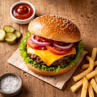 Burger with cheese and ketchup