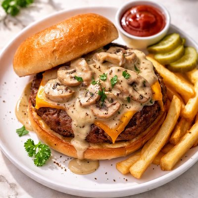 Burger with cheese and mushroom sauce
