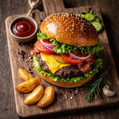 Burger with cheese and vegetables