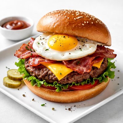 Burger with egg and bacon
