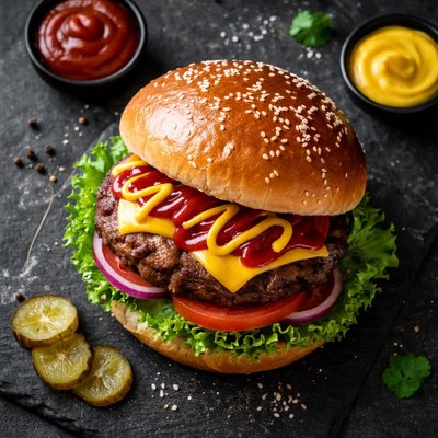 Burger with ketchup and mustard
