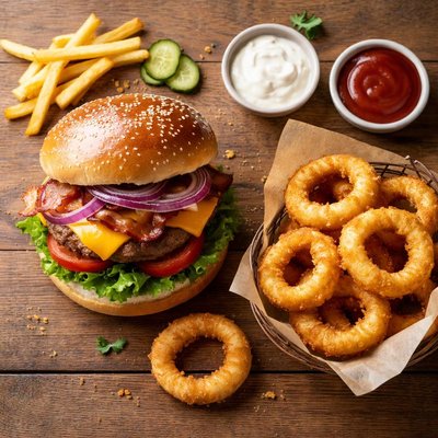 Burger with onion rings