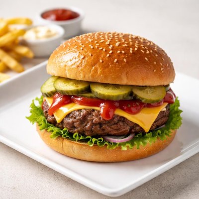 Burger with pickles and ketchup