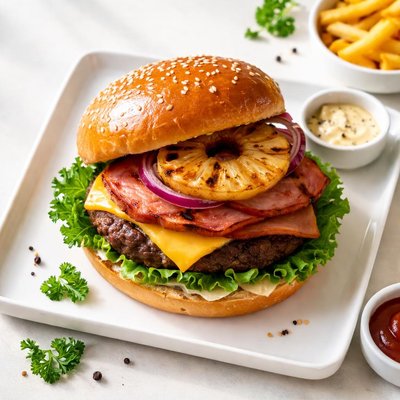 Burger with pineapple and ham