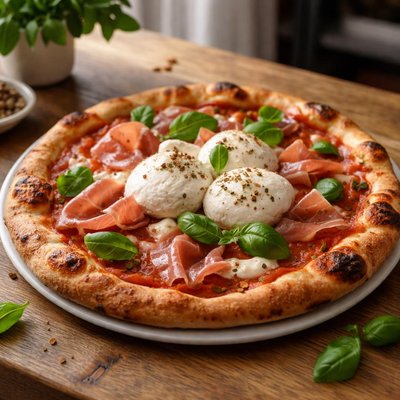 Burrata and ham pizza