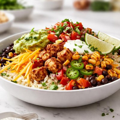Burrito bowl with cheese and guacamole