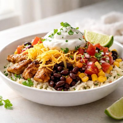 Burrito bowl with cheese and sour cream