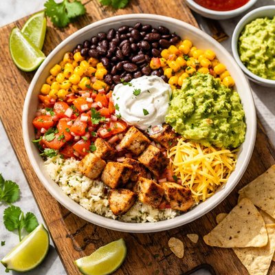 بول بوريتو بالأرز، الفاصوليا، الذرة، الكريمة الحامضة، الجوكامولي، والجبن