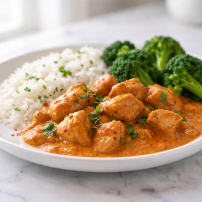Butter chicken and rice with broccoli