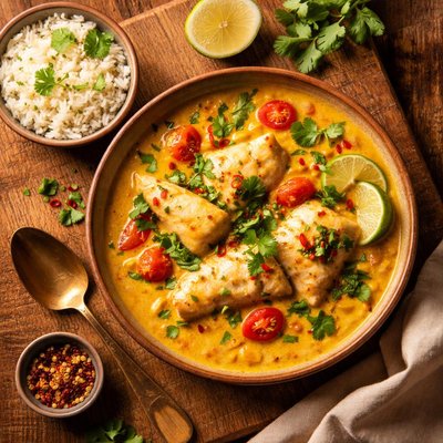 Cabillaud in curry and coconut milk