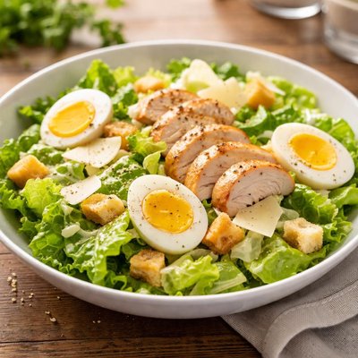 Caesar salad with chicken and boiled eggs
