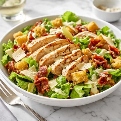 Caesar salad with grilled chicken and  bacon