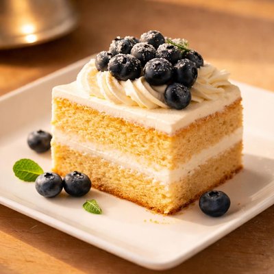 Cake with blueberries and whip cream