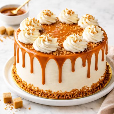 Cake with caramel and whipped cream