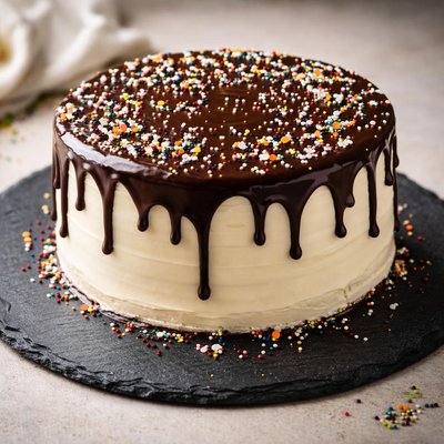 Cake with chocolate drizzle and sprinkles