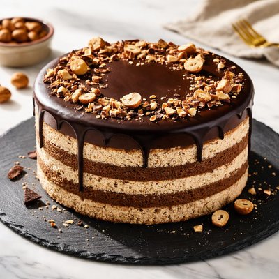 Cake with dark chocolate ganache and hazelnut dacquoise