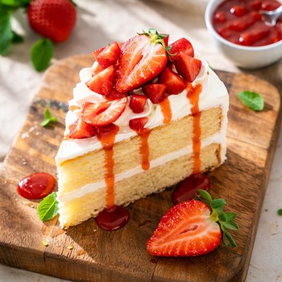 Cake with whipped cream and strawberry sauce
