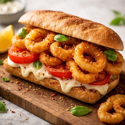 Calamari and tomatoe sandwich with cheese