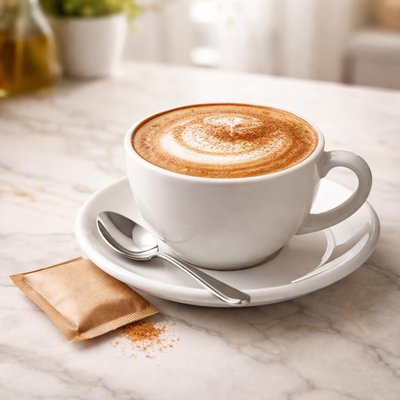 Cappuccino with packet of sugar