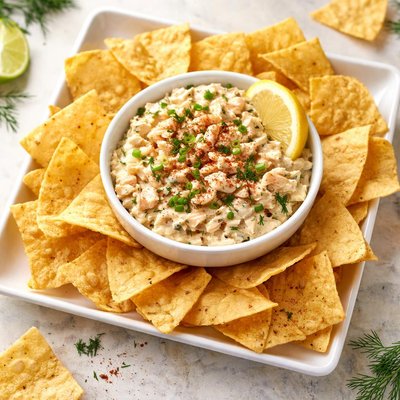Captain johns canjun salmon dip with tortilla chips