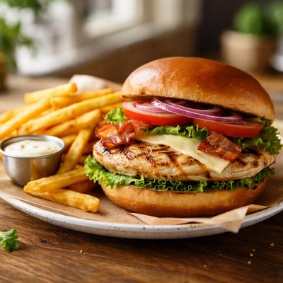 Captain johns grilled chicken sandwhich with fries