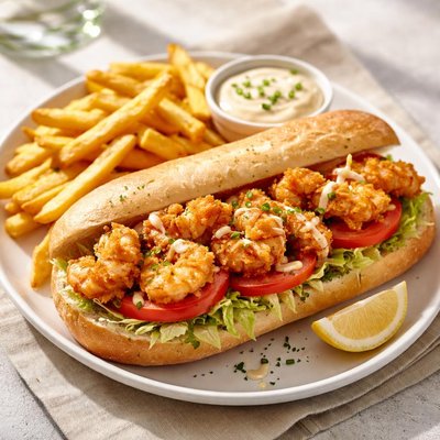 Captain johns shrimp po boy with fries