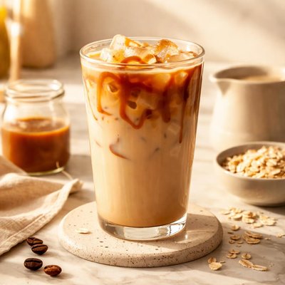 Caramel iced latte with oat milk
