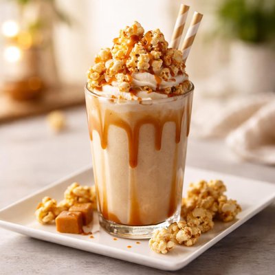 Caramel milkshake with whipped cream and popcorn